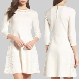 ELIZA J NWOT ivory knit dress with crochet embroidery elements